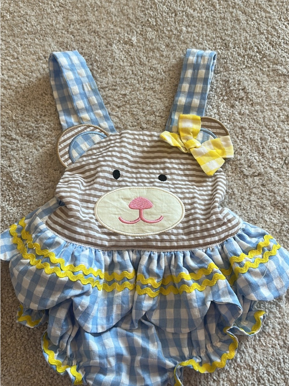 Baby Blue Gingham Bear One-Piece Bodysuit with Yellow Trim